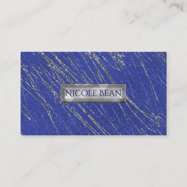 Blue & Silver Modern Glam Marble Stripe Designer Business Card (Front)