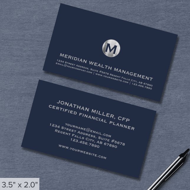 Blue Silver Monogram Financial Business Card (Creator Uploaded)