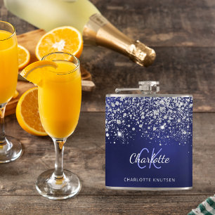 Blue silver monogram name script glitter sparkles  hip flask