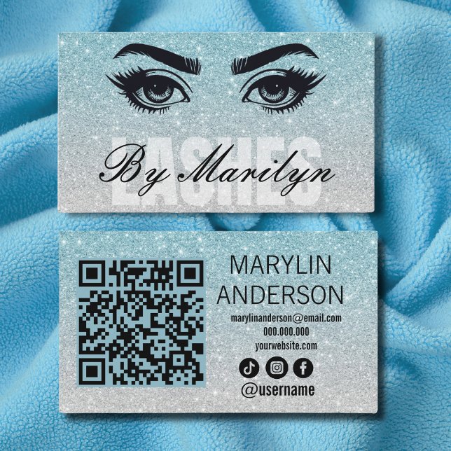 Blue Silver Ombre Glitter Lash Technician Qr Code Business Card (Creator Uploaded)