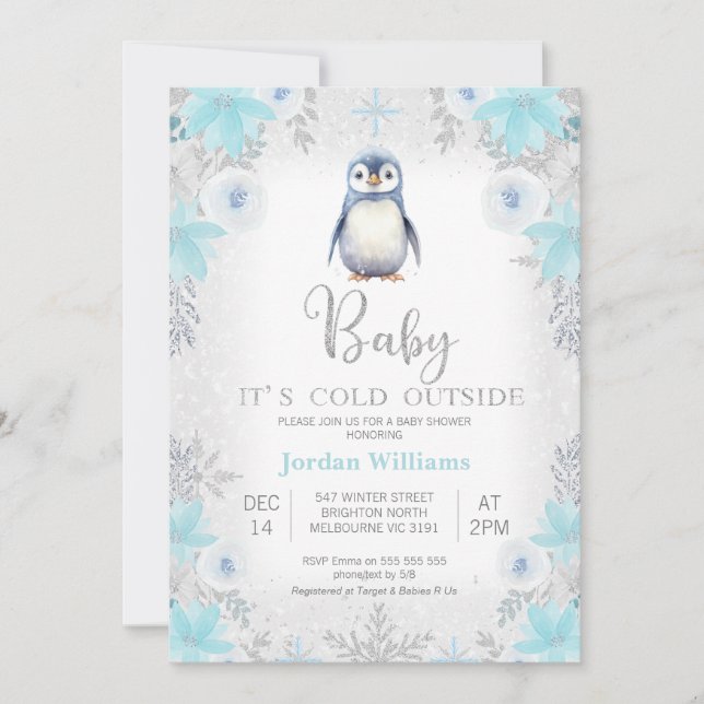 Blue Silver Pen Baby It's Cold Outside Baby Shower Invitation (Front)