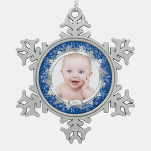 Blue Silver Photo Baby's First Christmas (Xmas) Snowflake Pewter Christmas Ornament