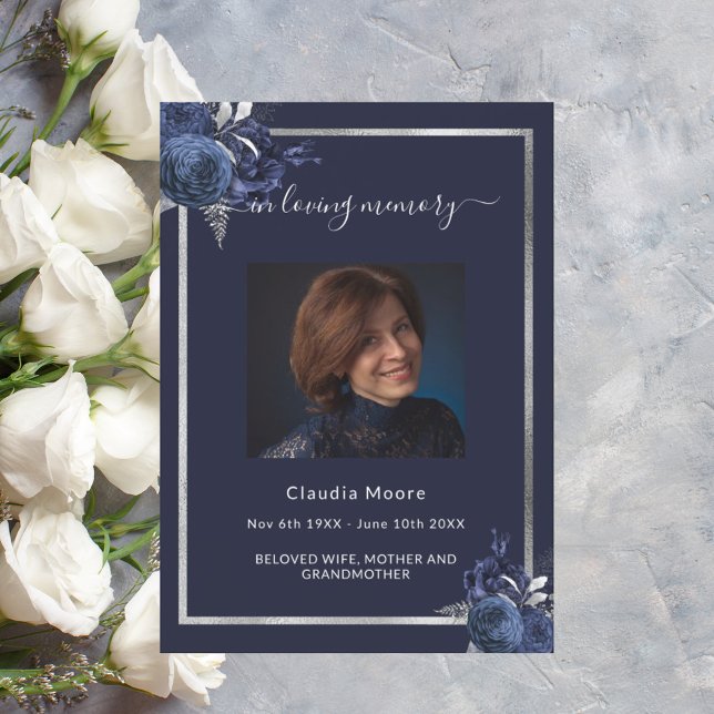 Blue silver photo Celebration of life funeral Invitation (Creator Uploaded)