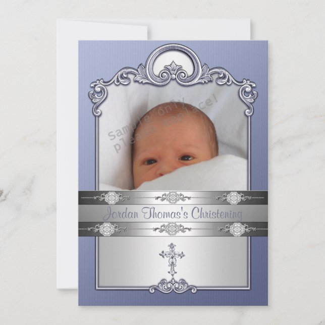 Blue Silver Photo Frame Jewel Cross Christening Invitation (Front)