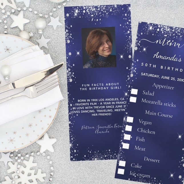 Blue silver photo fun facts birthday menu card (Creator Uploaded)