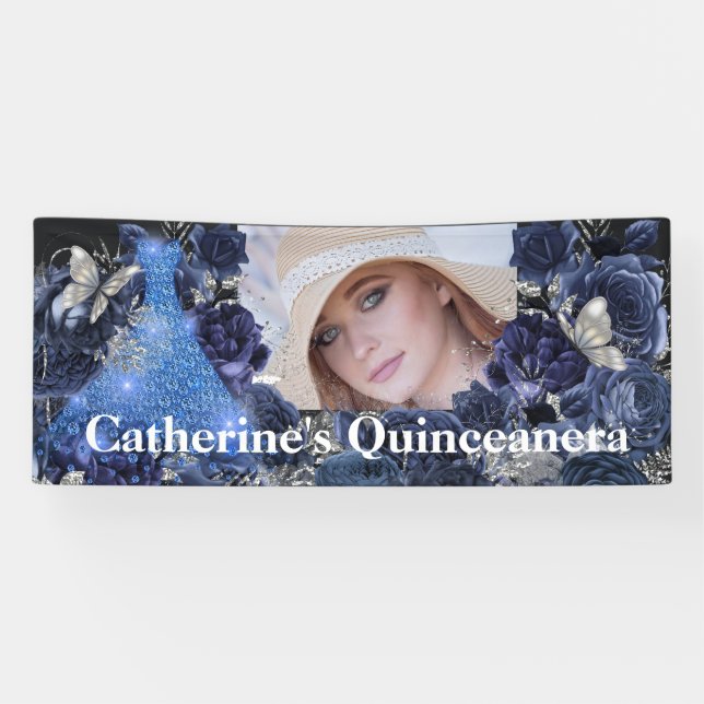 Blue silver photo glitter butterfly quinceanera banner (Horizontal)