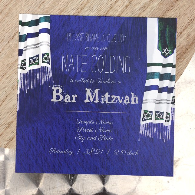 Blue, Silver Prayer Tallit Bar Mitzvah Invitation (Unique Royal Blue Square Bar Mitzvah Invitation with Striped Tallit Prayer Shawls, Striped Silver)