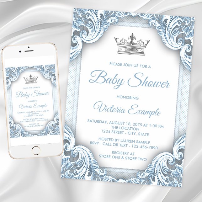 Blue Silver Prince Baby Shower Invitations (Blue Silver Prince Baby Shower Invitations. Instant download and printed invitations available.)