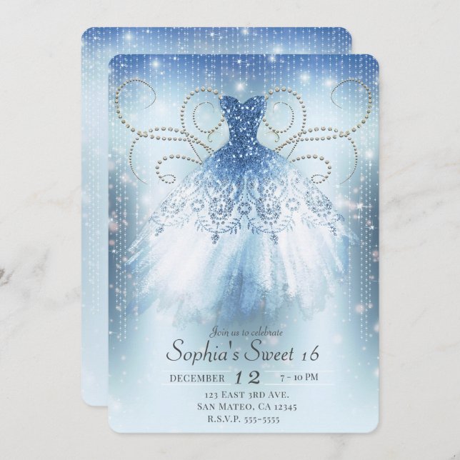 Blue Silver Princess Glitter Dress Sweet 16 Party Invitation (Front/Back)