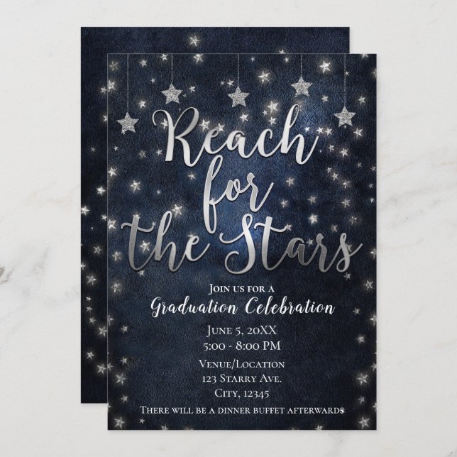 Blue Silver Reach for Stars Celestial Graduation Invitation (Front/Back)