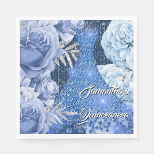 Blue silver rose floral womans glam birthday napkin