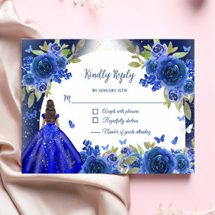 Blue Silver Rose Quinceanera Birthday RSVP Card