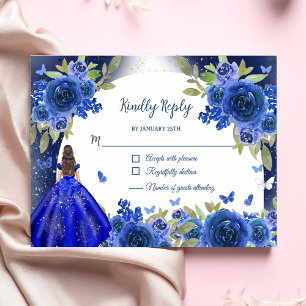 Blue Silver Rose Quinceanera Birthday RSVP Card