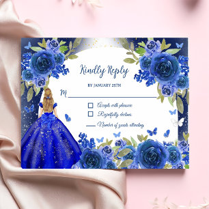 Blue Silver Rose Quinceanera Birthday RSVP Card