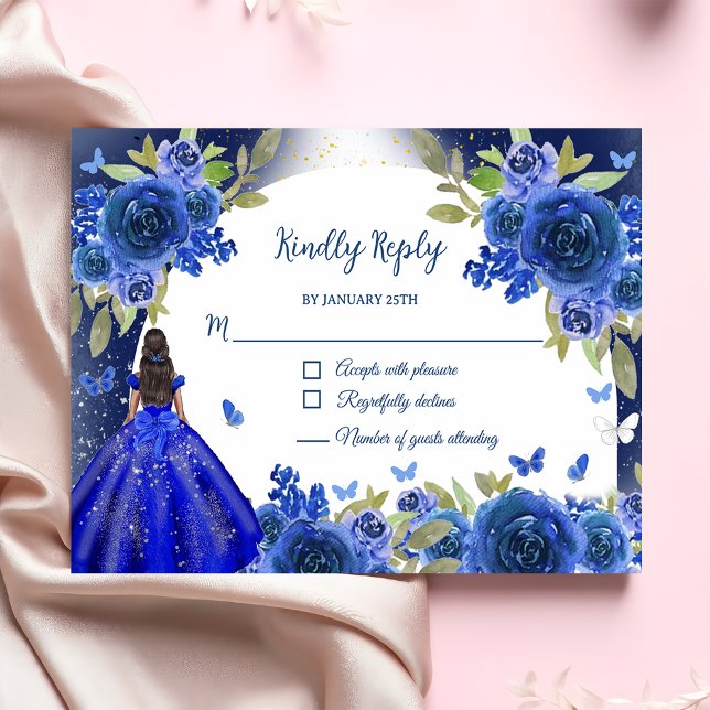 Blue Silver Rose Quinceanera Birthday RSVP Card (Creator Uploaded)