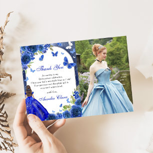 Blue Silver Rose Quinceanera Photo Thank You Card