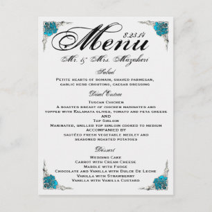 Blue Silver Rose Wedding Dinner Menu Thank you Postcard