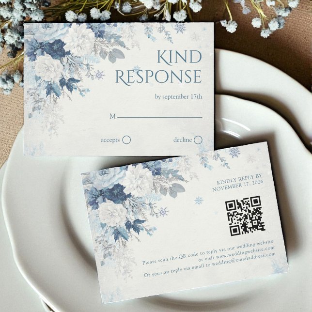 Blue Silver Rose Winter Floral Wedding QR Code RSVP Card (Creator Uploaded)
