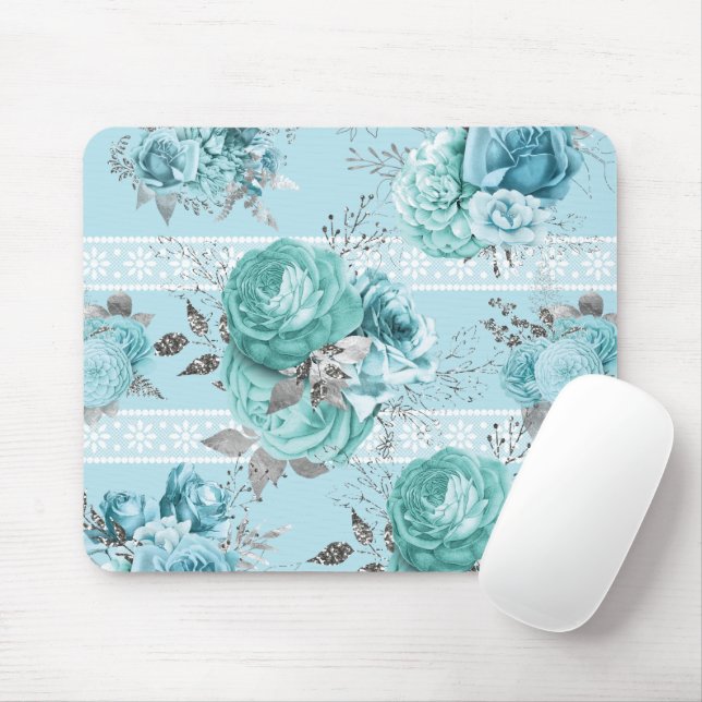 Blue Silver Roses Lace Mouse Pad (With Mouse)