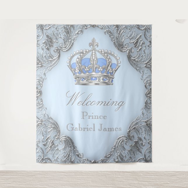 Blue Silver Royal Prince Baby Shower Backdrop Tapestry (Front)