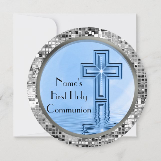 Blue & Silver Sequin 1st Holy Communion Invitation (Front)