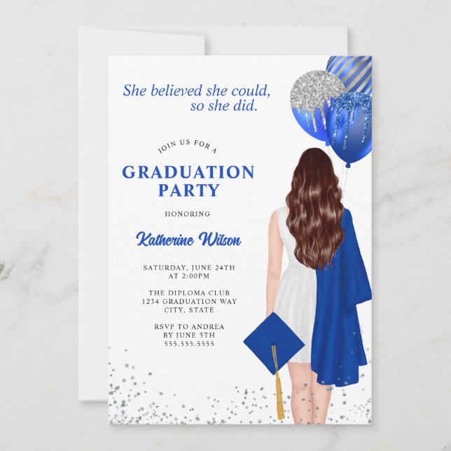 Blue Silver She Believed Graduation Invitation (Front)