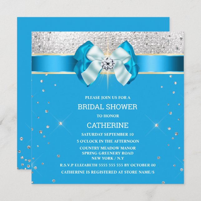 Blue silver shimmer bow sparkle glitter  invitation (Front/Back)