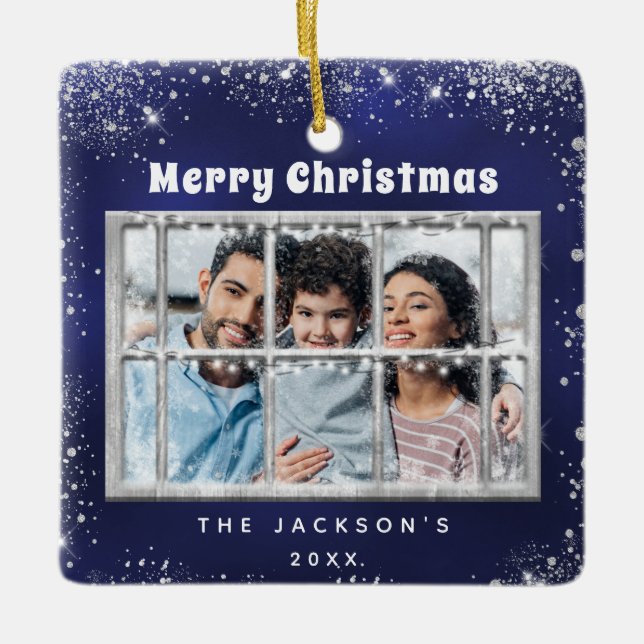 Blue silver snow photo winter window  ceramic ornament (Front)