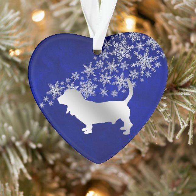 Blue Silver Snowflake Basset Hound Dog Ornament (Tree)
