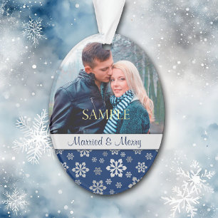 Blue Silver Snowflake Married & Merry Christmas Ornament