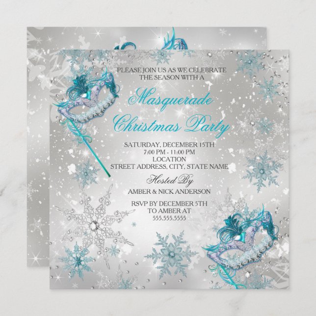 Blue Silver Snowflake Masquerade Christmas Party 2 Invitation (Front/Back)