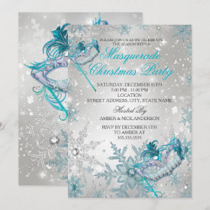 Blue Silver Snowflake Masquerade Christmas Party Invitation