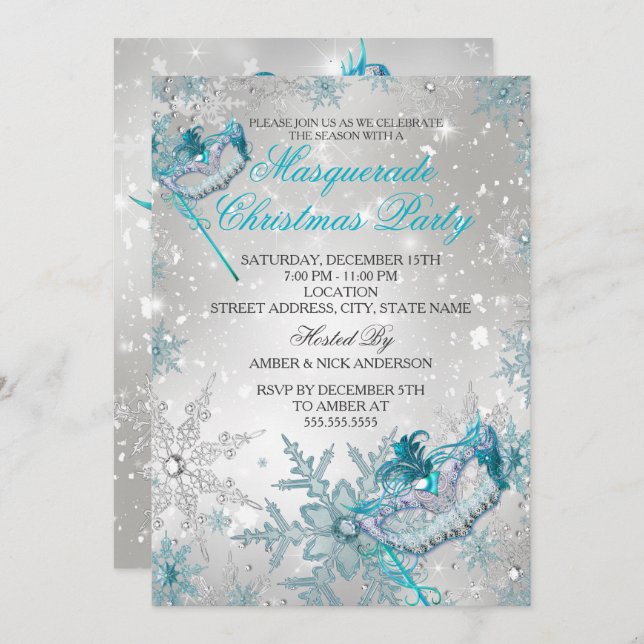 Blue Silver Snowflake Masquerade Christmas Party Invitation (Front/Back)