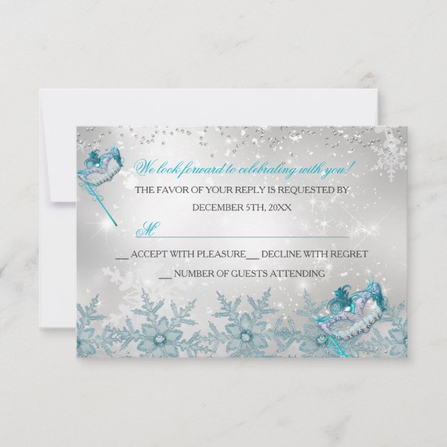 Blue Silver Snowflake Masquerade Christmas RSVP Card (Front)