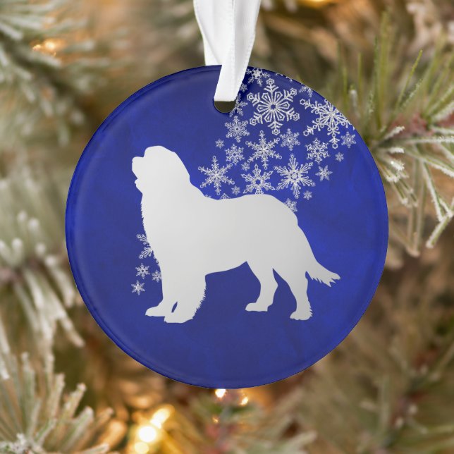 Blue Silver Snowflake Newfoundland Dog Round Ornament (Tree)