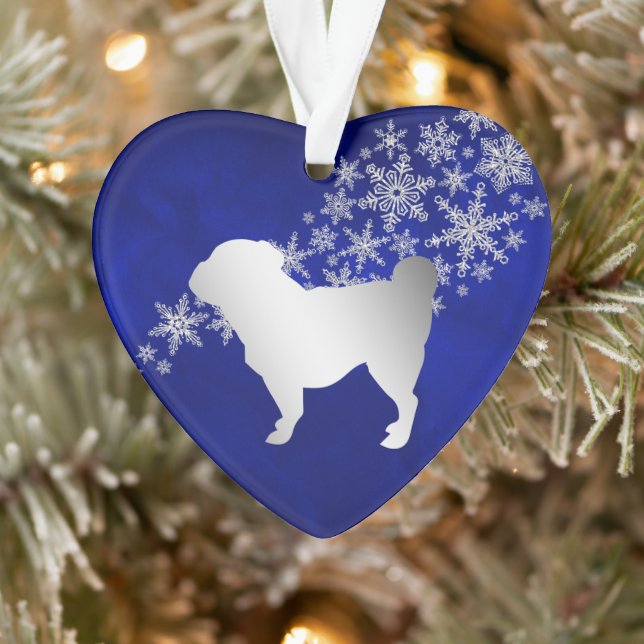 Blue Silver Snowflake Pug Ornament (Tree)