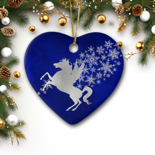 Blue Silver Snowflake Unicorn Personalised Ceramic Ornament