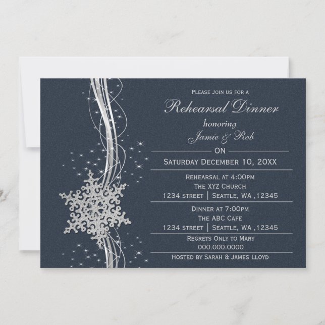 blue silver Snowflake Wedding Rehearsal Invites (Front)