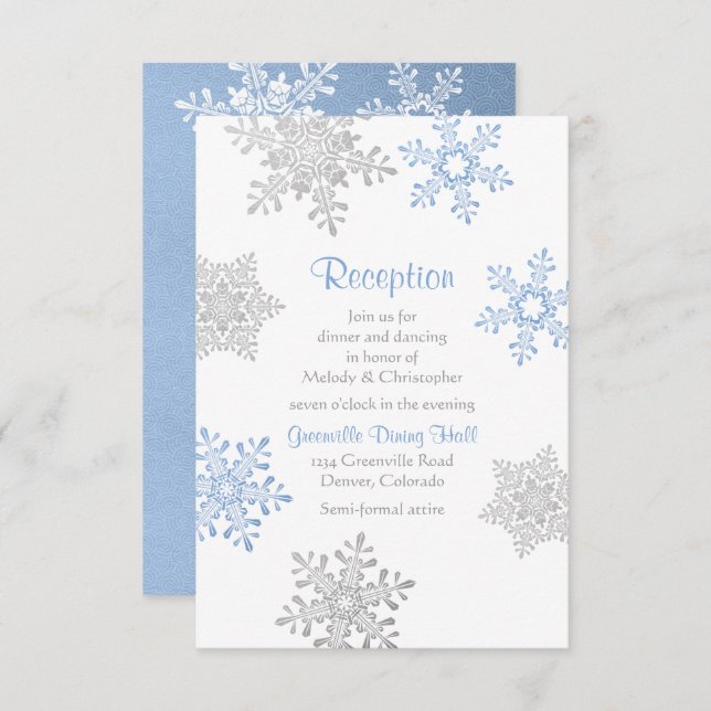 Blue Silver Snowflake Winter Wedding Reception Enclosure Card (Front/Back)