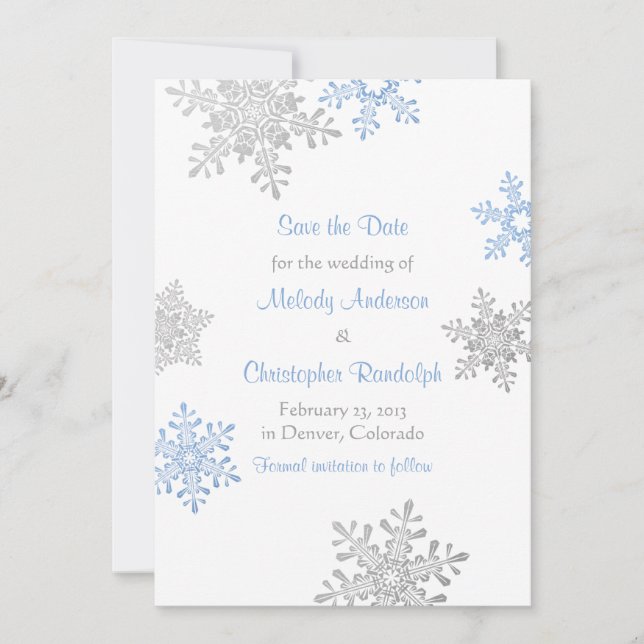Blue Silver Snowflake Winter Wedding Save the Date (Front)