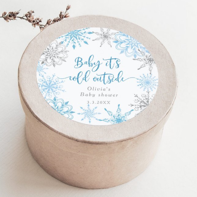 Blue silver snowflakes baby its cold outside classic round sticker (Creator Uploaded)
