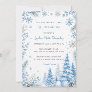 Blue Silver Snowflakes Floral Winter Quinceañera Invitation