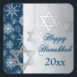 Blue, Silver Snowflakes Happy Hanukkah Sticker<br><div class="desc">This elegant and festive blue,  white and silver grey "Happy Hanukkah" sticker has glittering points of light,  snowflakes,  and four silver Stars of David ornaments on it that matches the Hanukkah invitation shown below. If you need assistance,  email niteowlstudio@gmail.com.</div>
