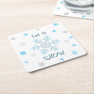 Blue Silver Snowflakes Let it Snow Square Paper Coaster
