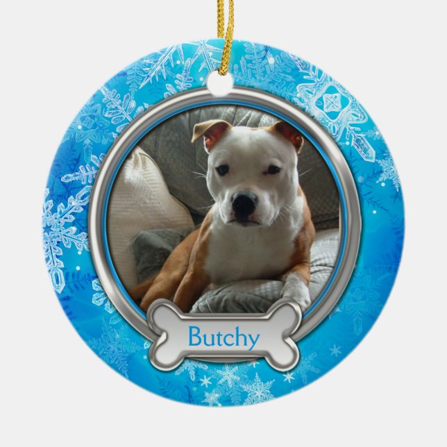 Blue Silver Snowflakes Photo Christmas Ornament (Front)