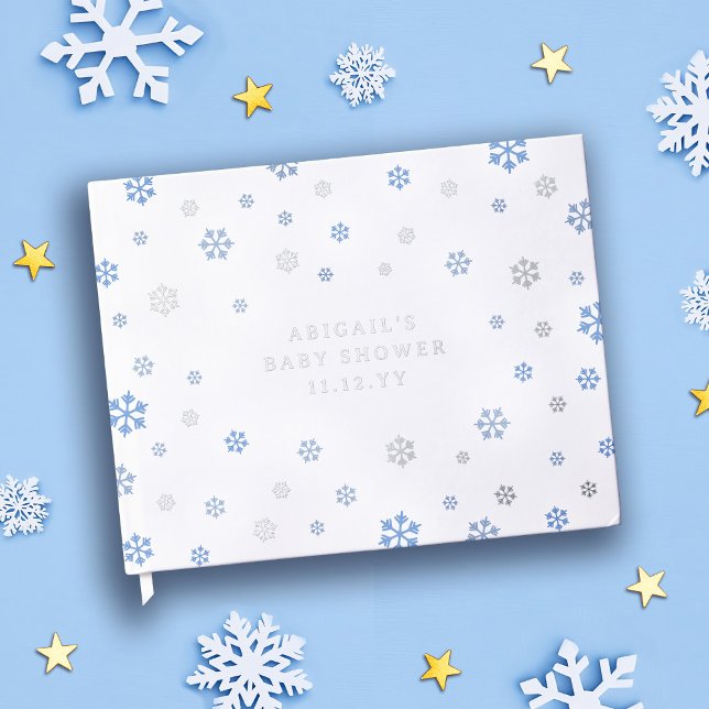 Blue Silver Snowflakes Winter Boy Baby Shower Guest Book (Creator Uploaded)
