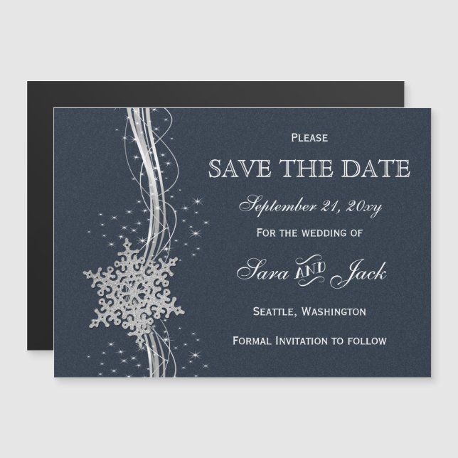 Blue Silver Snowflakes Winter  save the date Magnetic Invitation (Front/Back)