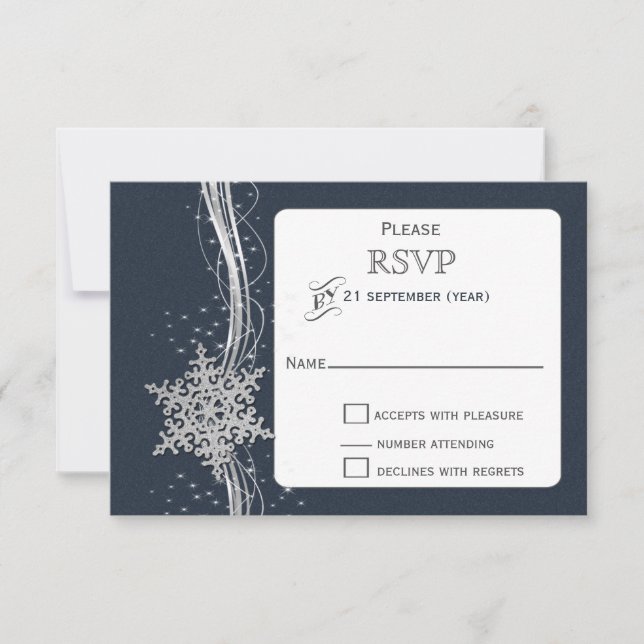 Blue Silver Snowflakes Winter wedding RSVP Card (Front)