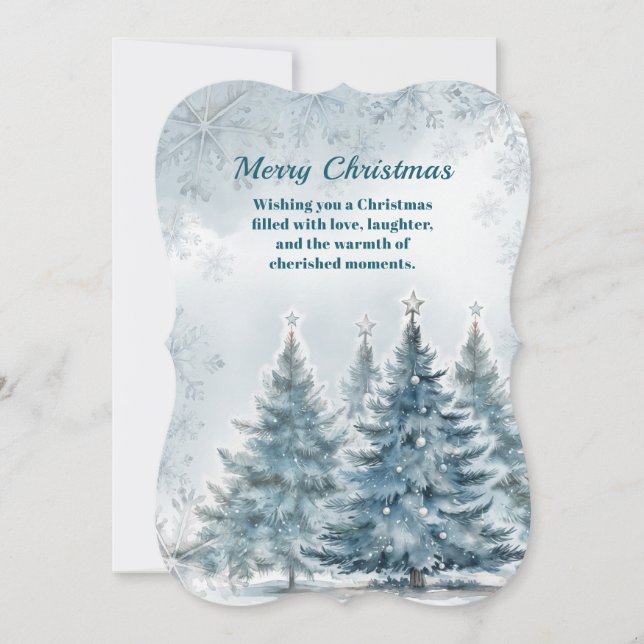 Blue Silver Snowy Winter Wonderland Tree Christmas Card (Front)