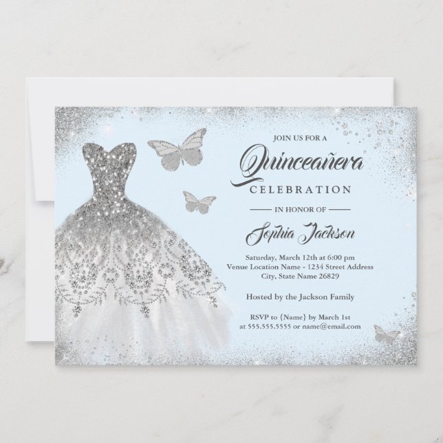 Blue Silver Sparkle Dress Butterfly Quinceanera In Invitation (Front)